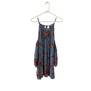 Entro Women's Blue Floral Cold Shoulder Bohemian Dress - Medium